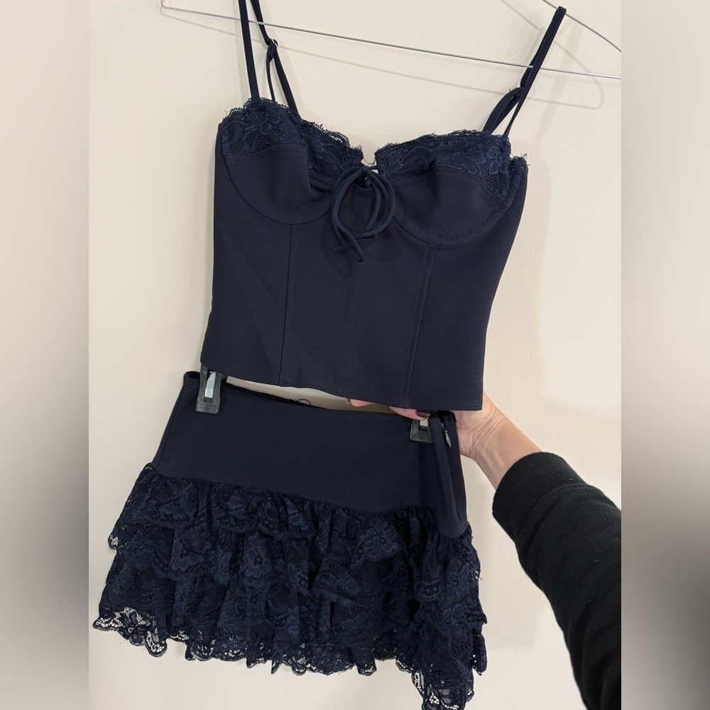 Edikted Navy Ruffle Mini Skirt And Top Set. Perfect Condition. Size XS - Picture 2 of 12